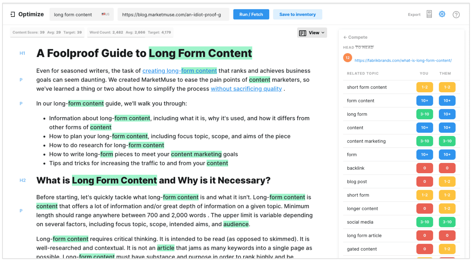 Optimiser l'article avec MarketMuse