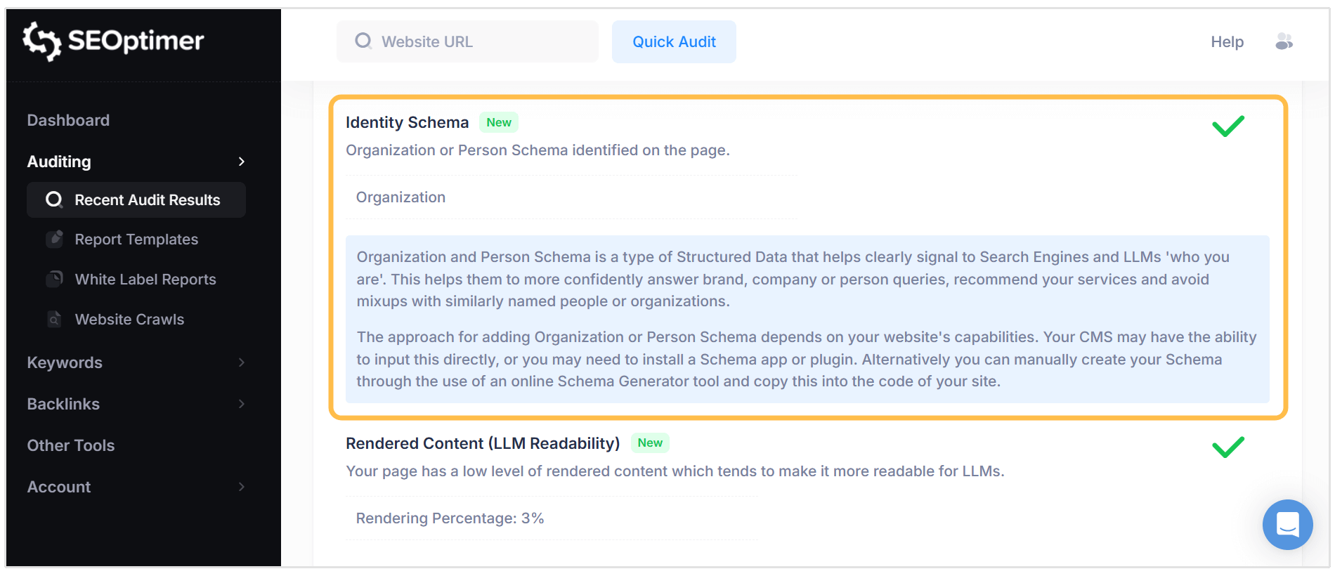 Convalida lo schema con un audit SEO da SEOptimer